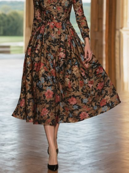 Midi Linen Dress, Long Sleeves, Sweetheart Neck, Floral, Button Design, Vacation, Vintage, Deep Brown - Deep Brown