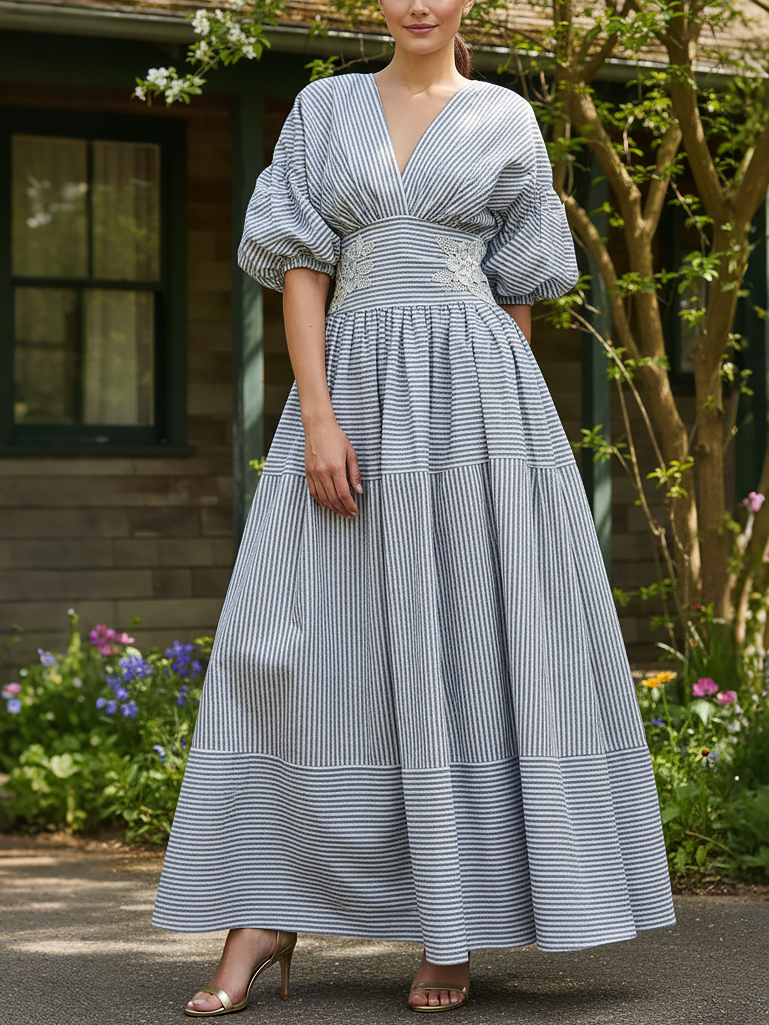 Maxi Cotton Dress, Half Sleeve, V Neck, Plaid, Lace, Vintage, Blue - Blue