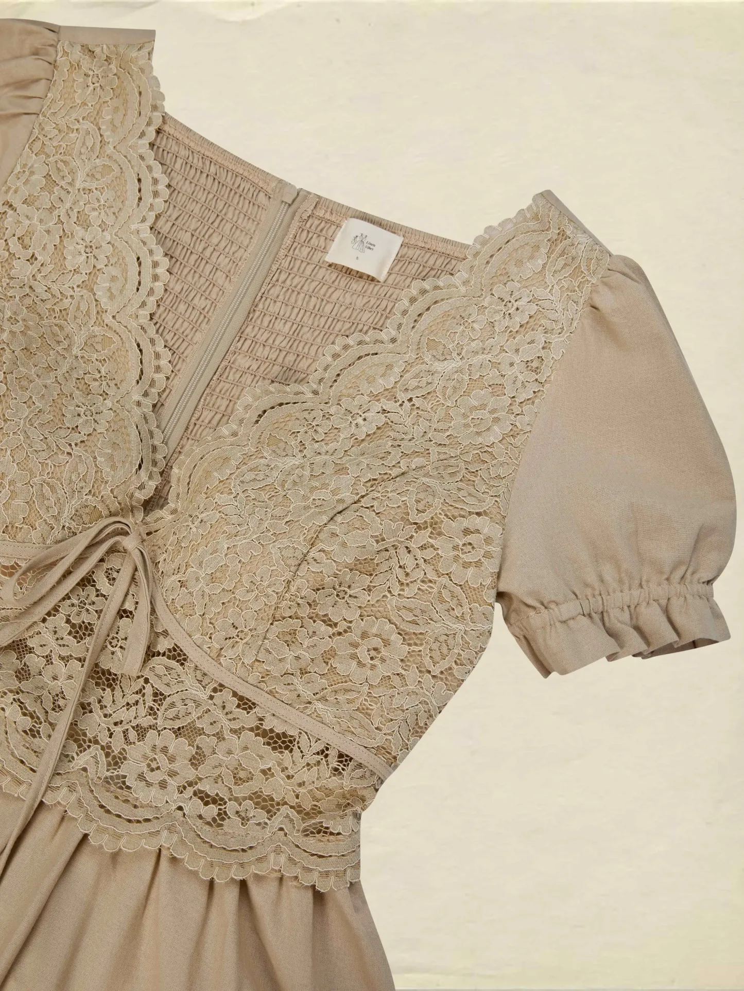 Maxi Cotton Dress, Short Sleeves, V Neck, Plain, Lace, French Vintage, Brown - Brown