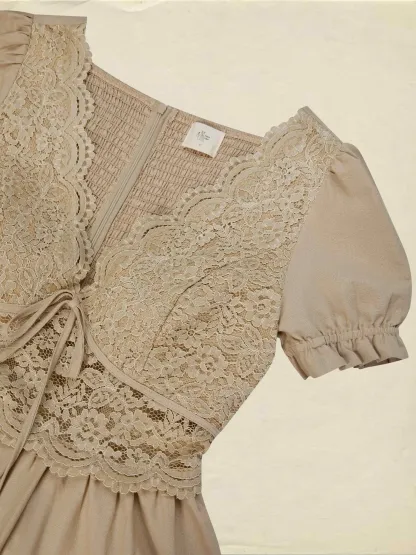 Maxi Cotton Dress, Short Sleeves, V Neck, Plain, Lace, French Vintage, Brown - Brown
