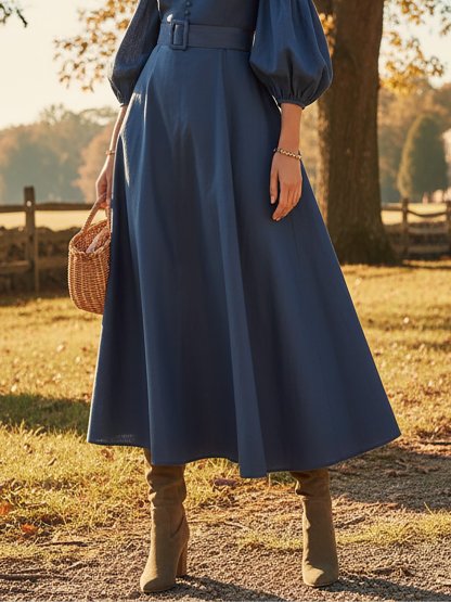 Maxi Cotton Dress, Half Sleeve, Stand Collar, Plain, Belt Design, Vintage, Deep Blue - Deep Blue