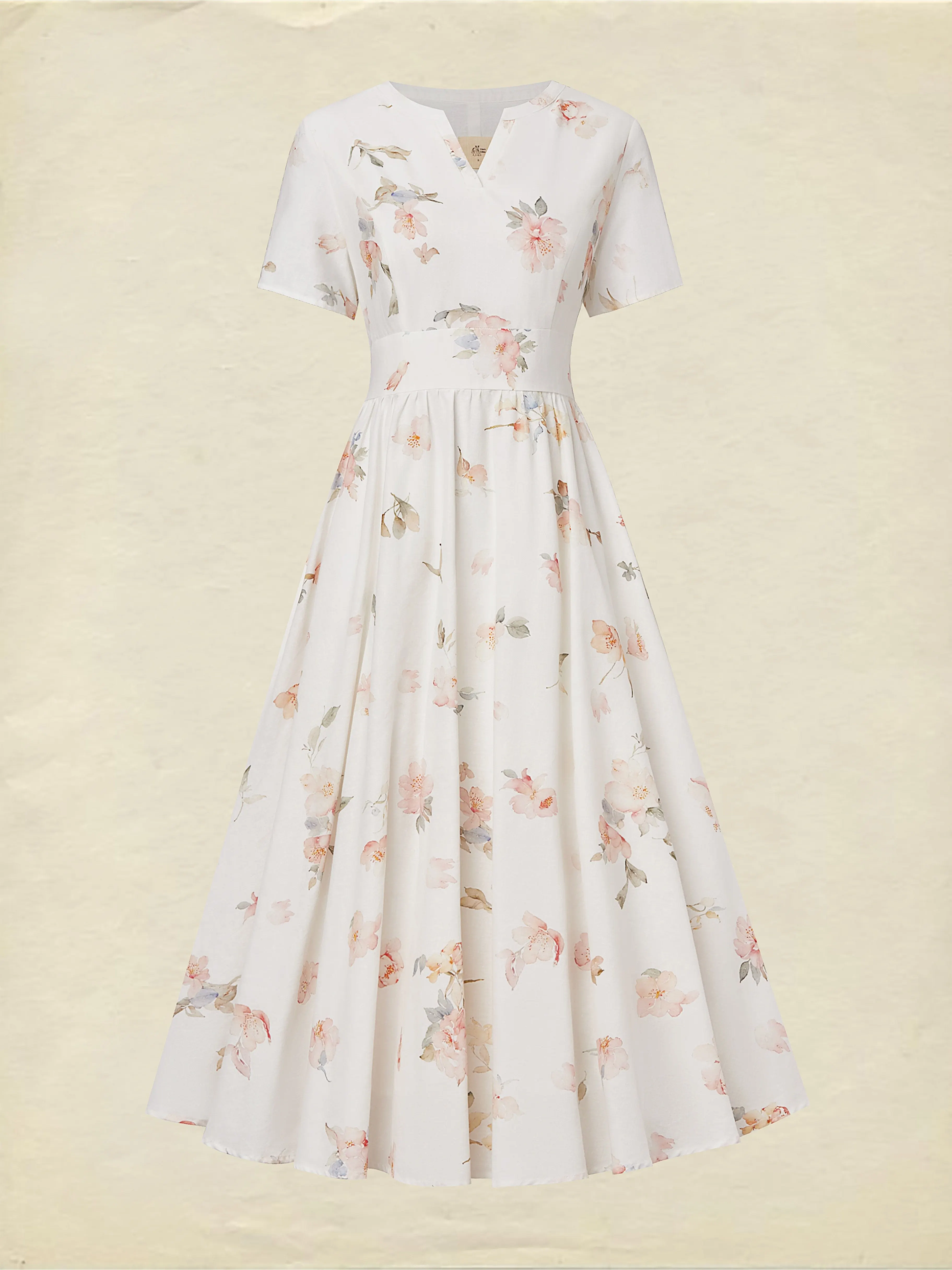 Midi Linen Dress, Short Sleeves, V Neck, Floral, Vintage, White - White