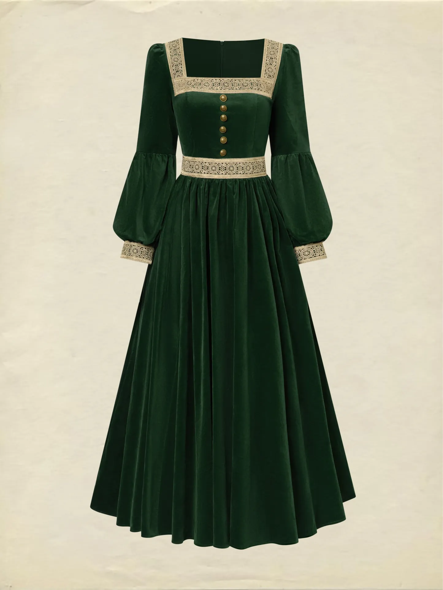 Maxi Cotton Dress, Long Sleeves, Square Neck, Plain, Lace, Vintage, Green - Green