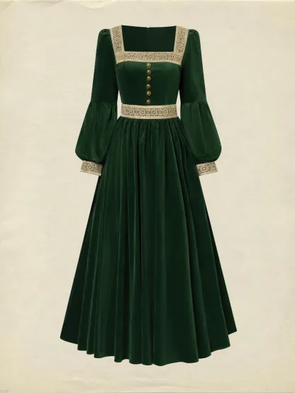 Maxi Cotton Dress, Long Sleeves, Square Neck, Plain, Lace, Vintage, Green - Green