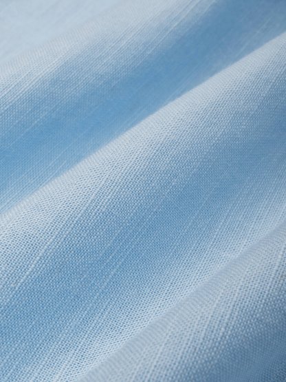 Midi Linen Dress, Short Sleeves, V Neck, Plain, Lace, French Vintage, Blue - Blue