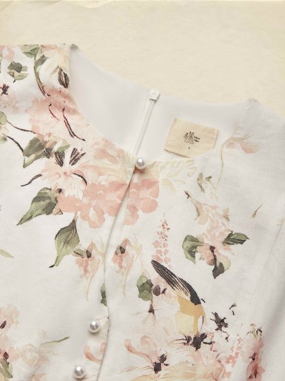 Linen Jumpsuit , Sleeveless, Round Neck, Floral, Button Design, Vacation, Vintage, White - White