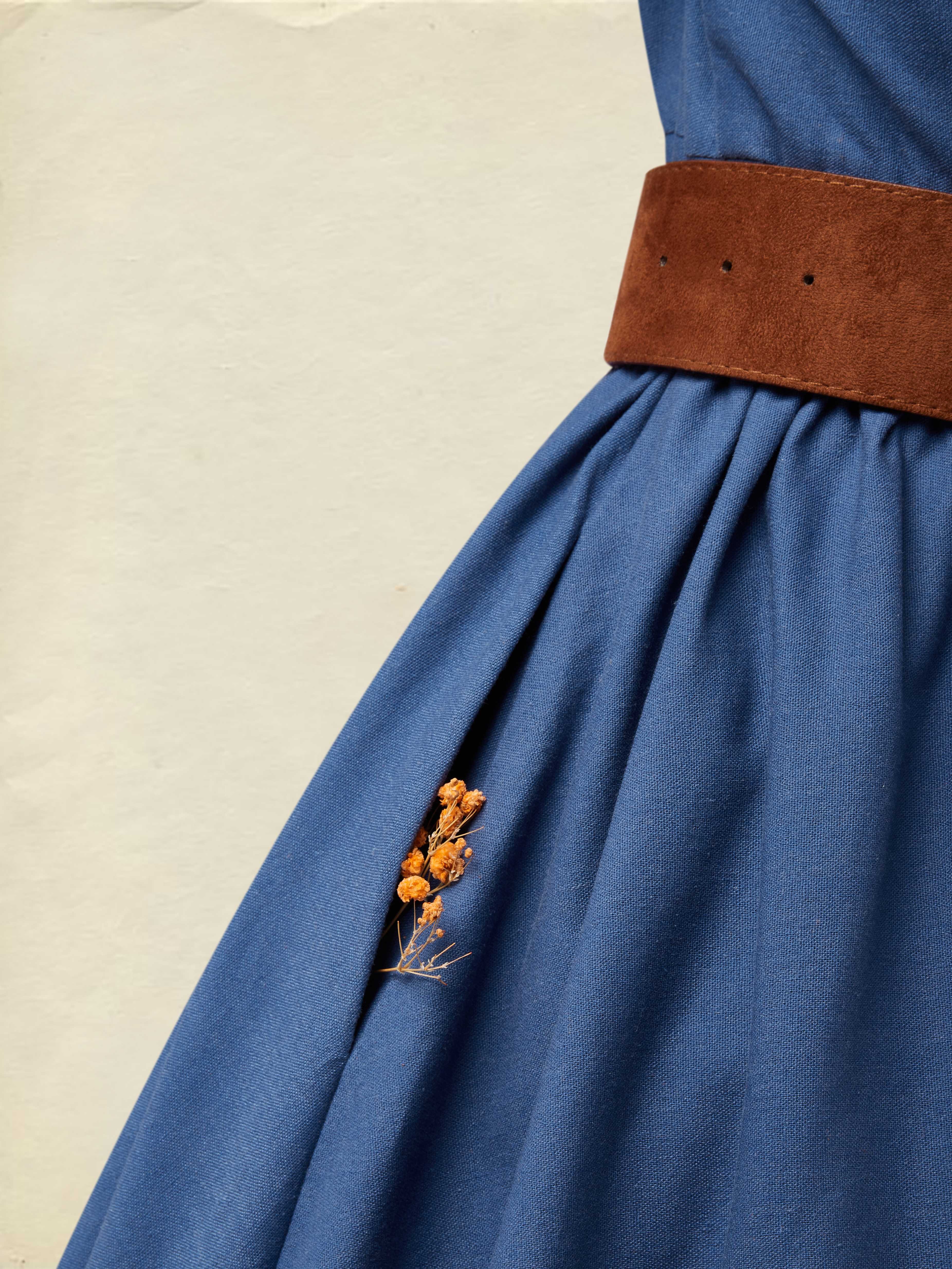 Midi Linen Dress, Half Sleeves, Shawl Collar, Plain, Button Design, Vintage, Dark_blue - Dark_blue