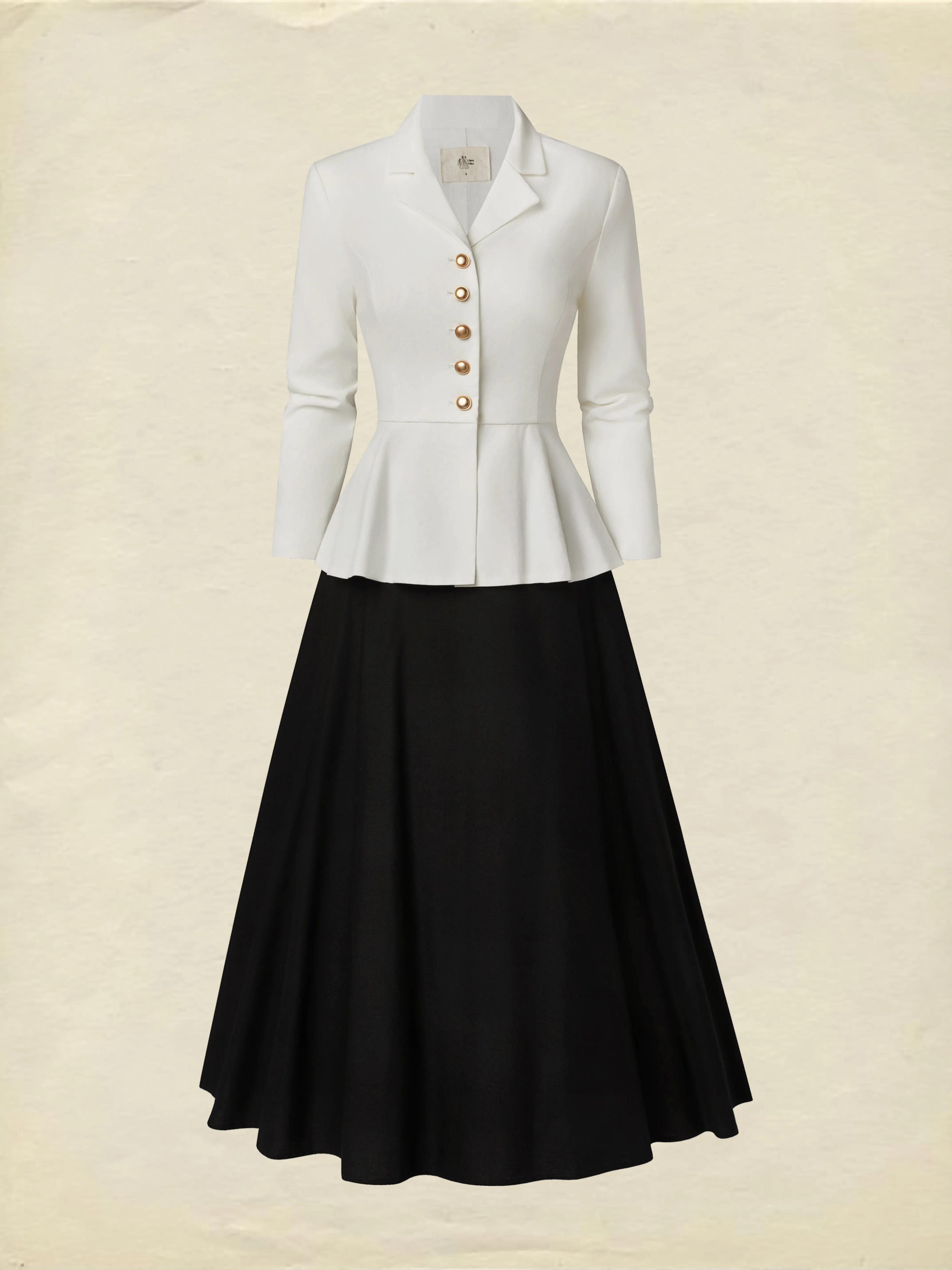 Midi Linen Skirt Set, Long Sleeves, Lapel Collar, Plain, Button Design, Vintage, White - White