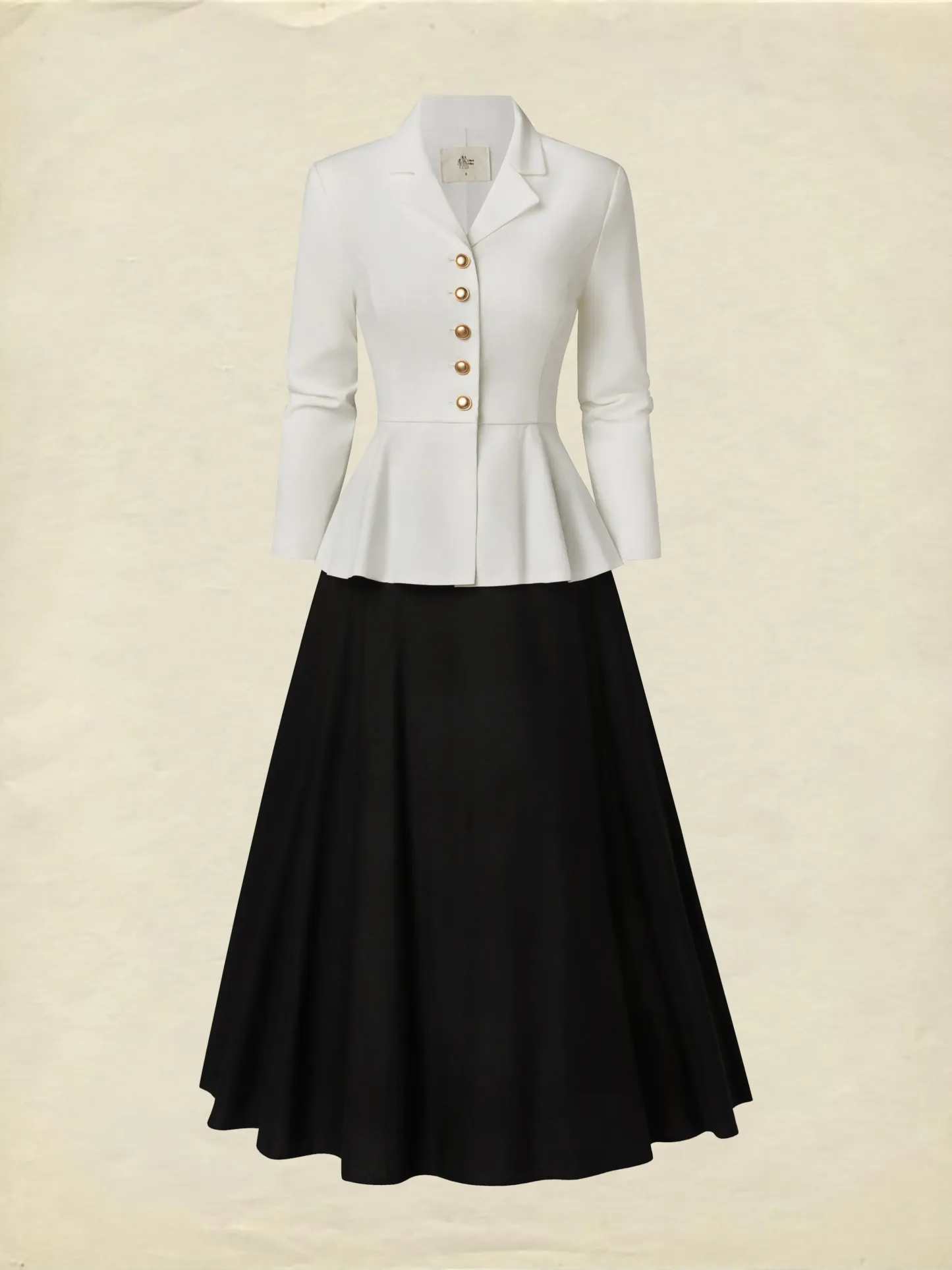 Midi Linen Skirt Set, Long Sleeves, Lapel Collar, Plain, Button Design, Vintage, White - White