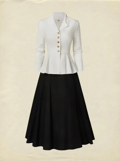 Midi Linen Skirt Set, Long Sleeves, Lapel Collar, Plain, Button Design, Vintage, White - White