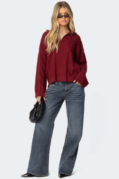 Oversized Quarter Zip Cable Knit Sweater - BURGUNDY