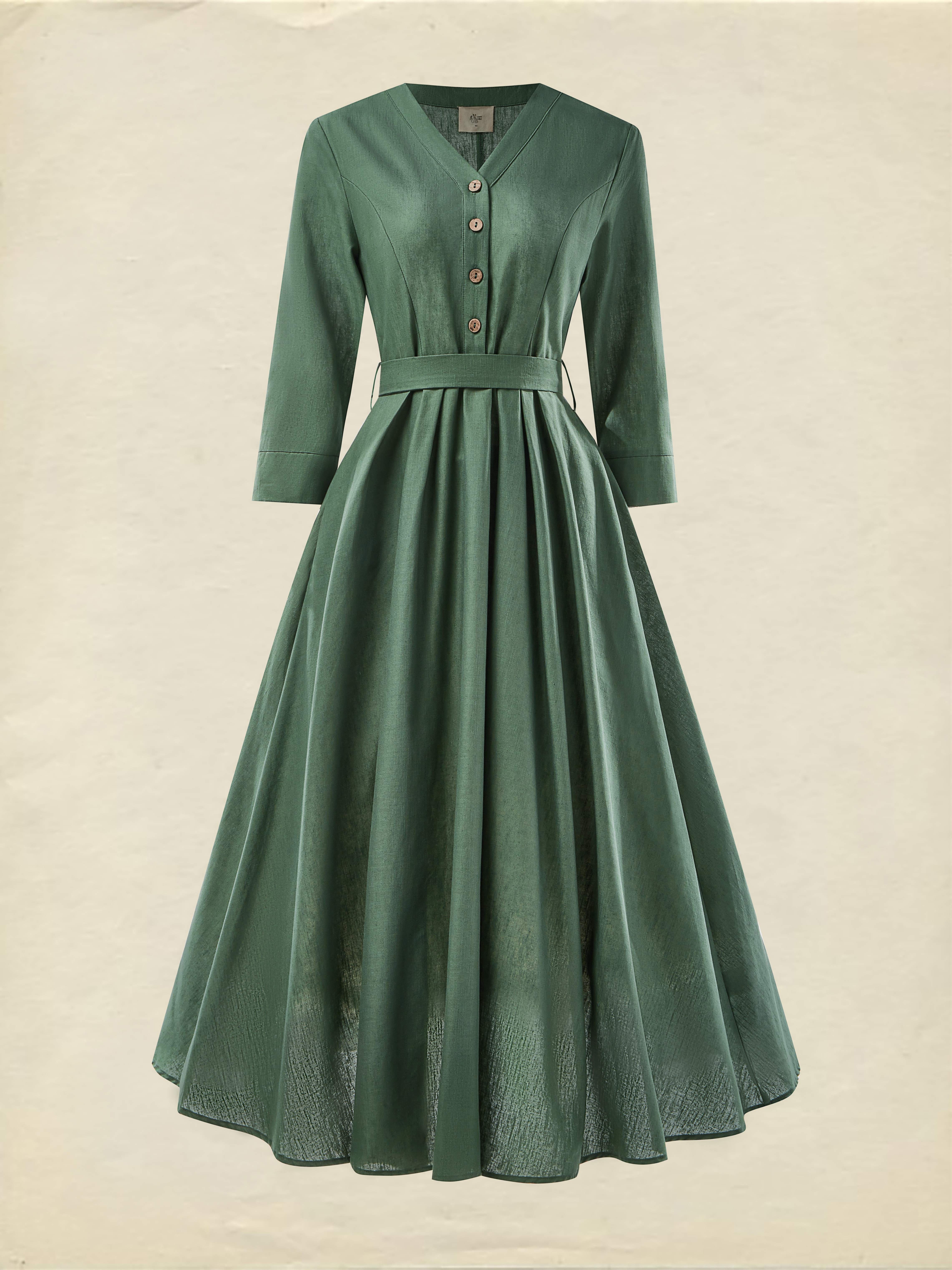 Midi Cotton Dress, Casual, Plain, Pocket Stitching, Half Open Collar, Half Sleeve, Vintage, Green  - Green