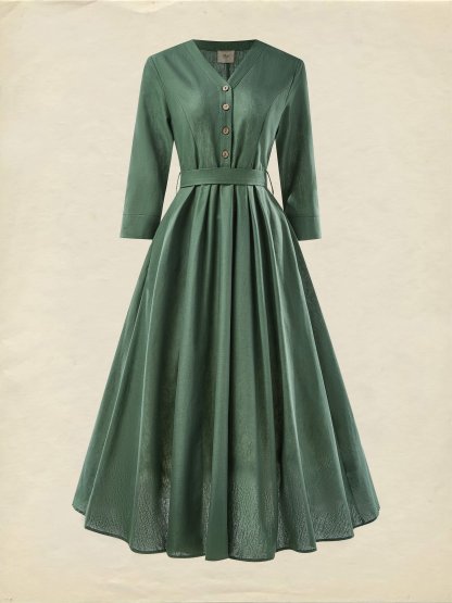 Midi Cotton Dress, Casual, Plain, Pocket Stitching, Half Open Collar, Half Sleeve, Vintage, Green  - Green