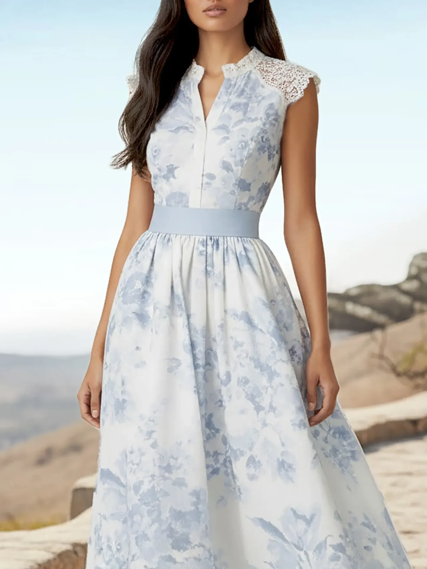 Maxi Linen Dress, Sleeveless, Stand Collar, Floral, Lace, Vacation, Vintage, White - White