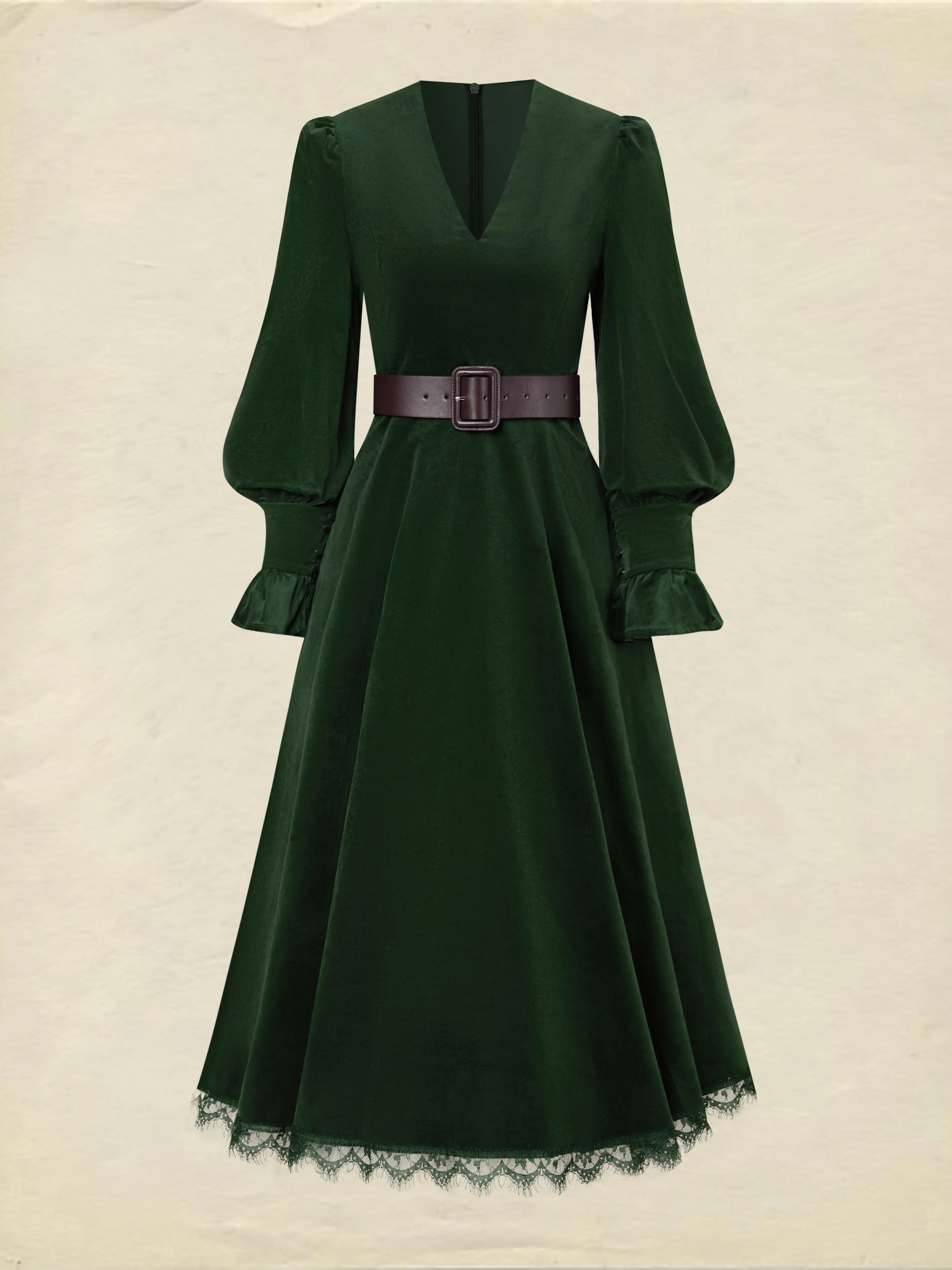 Midi Cotton Dress, Long Sleeves, V Neck, Plain, Lace, Vintage, Green - Green