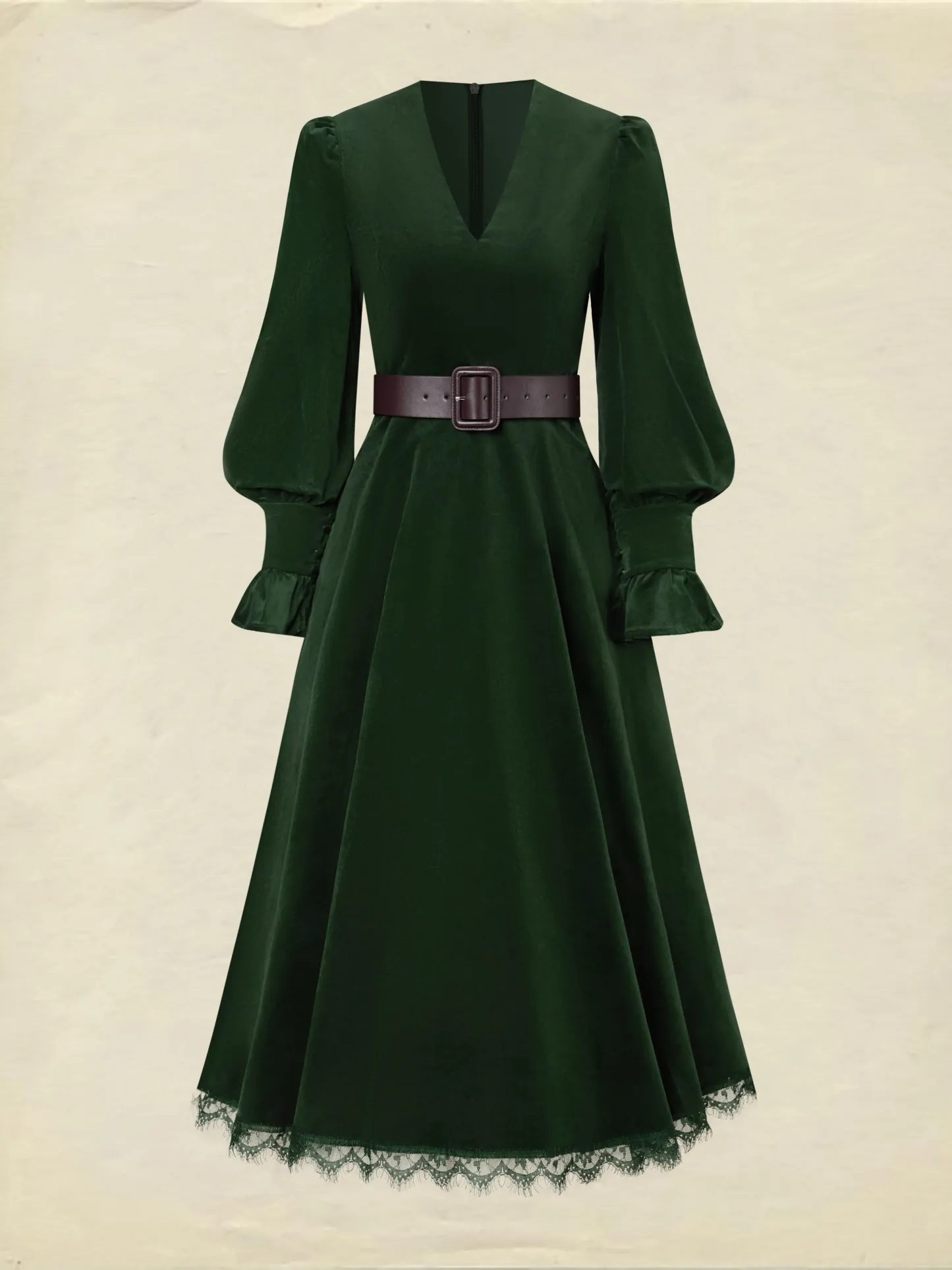 Midi Cotton Dress, Long Sleeves, V Neck, Plain, Lace, Vintage, Green - Green