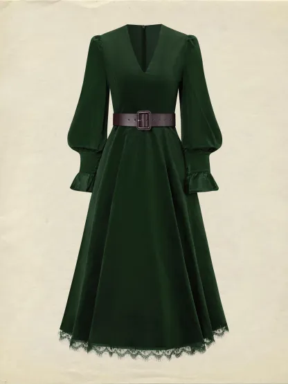 Midi Cotton Dress, Long Sleeves, V Neck, Plain, Lace, Vintage, Green - Green