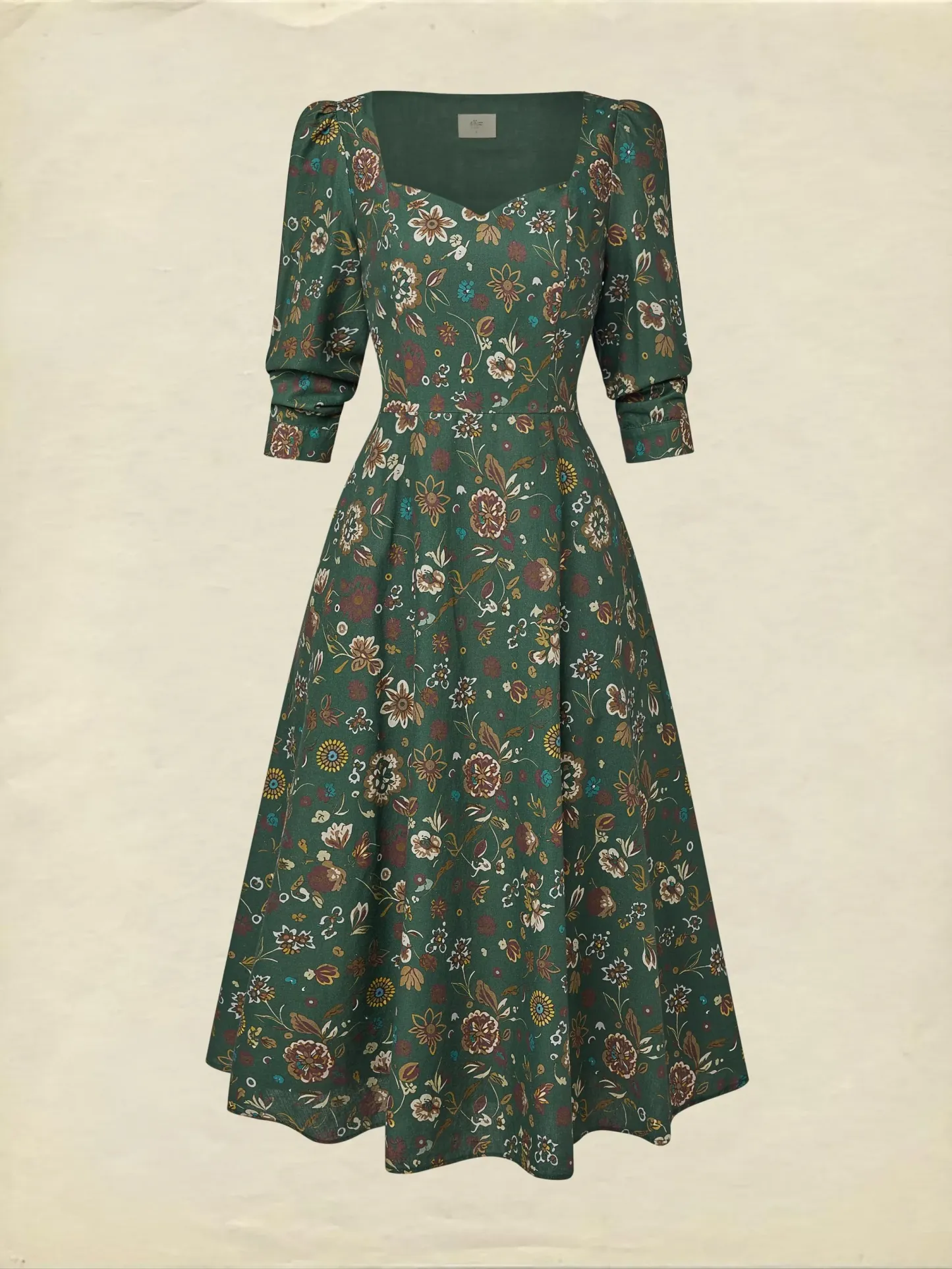 Midi Linen Dress, Long Sleeves, Square Neck, Paisley, Vintage, Green - Green