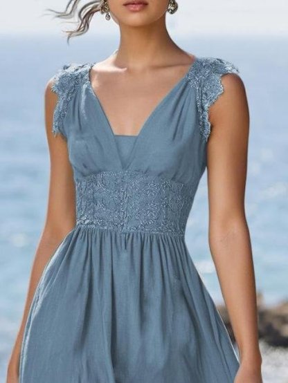 (SIZE:XS-XXL)Linen Maxi Dress, Sleeveless, V neck, Plain, Vintage, Blue - Blue