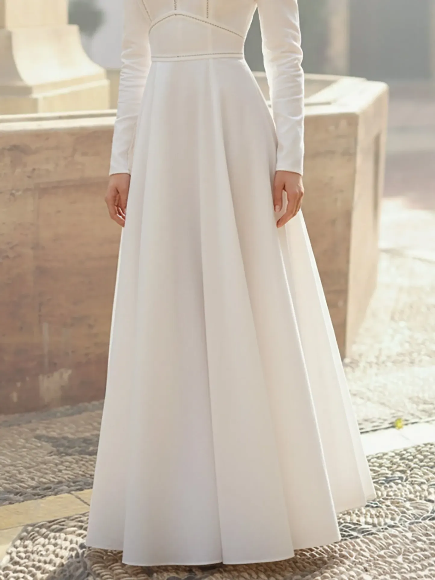 Maxi Linen Dress, Long Sleeves, Round Neck, Plain, French Vintage, White - White