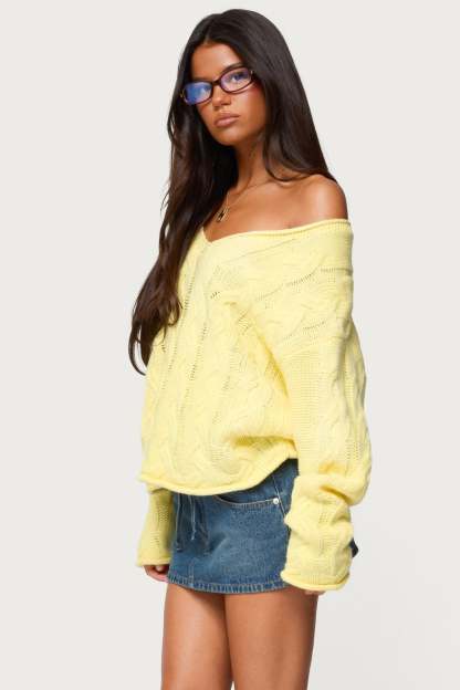 Inga Oversized Cable Knit Sweater - YELLOW