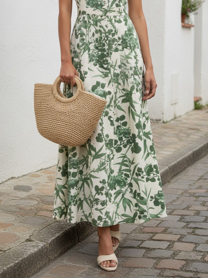 Maxi Linen Dress, Sleeveless, Shawl Collar, Floral, Vintage, Green - Green