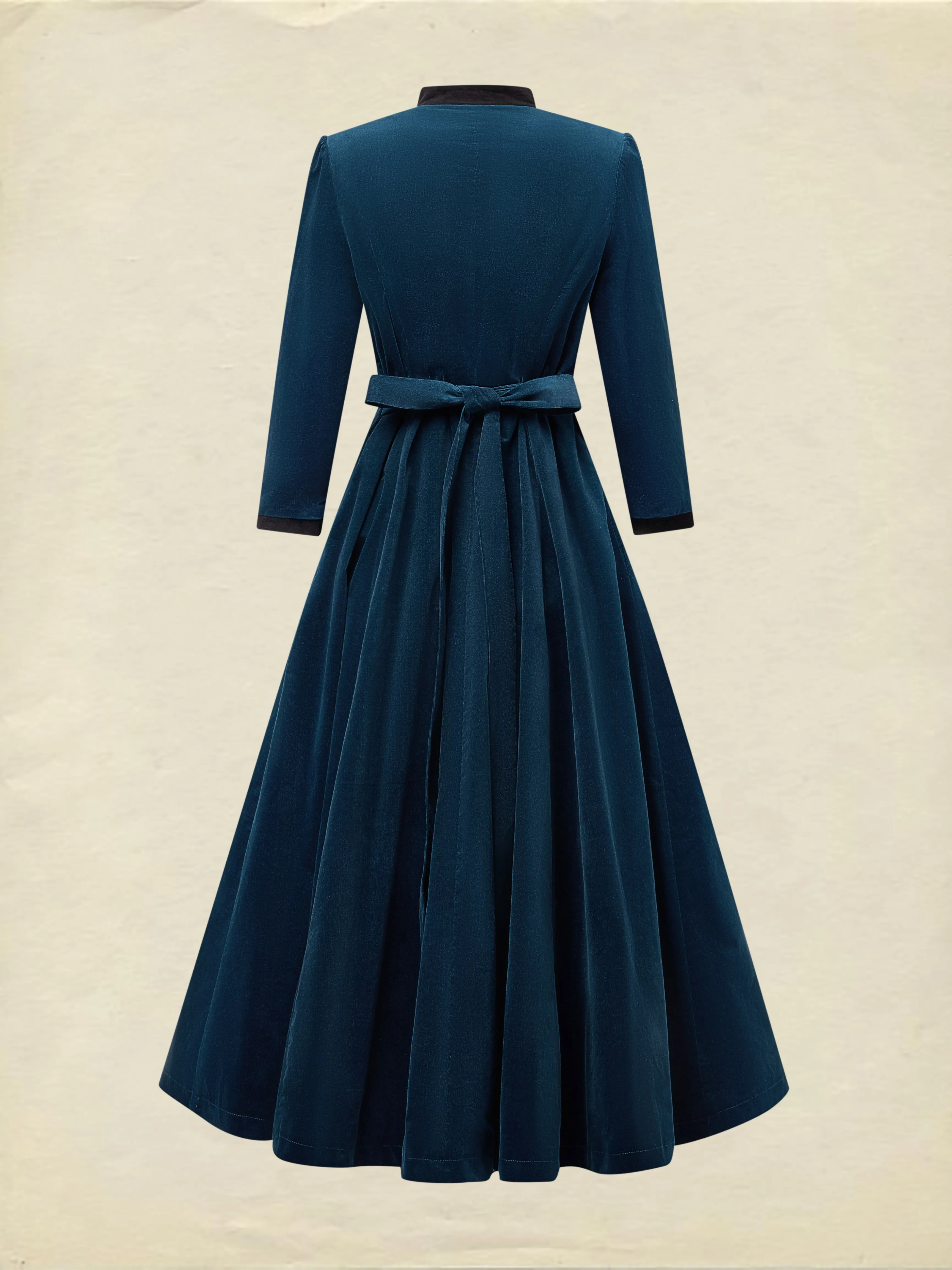 Midi Cotton Dress, Half Sleeve, Stand Collar, Plain, Button Design, Vintage, Deep Blue - Deep Blue