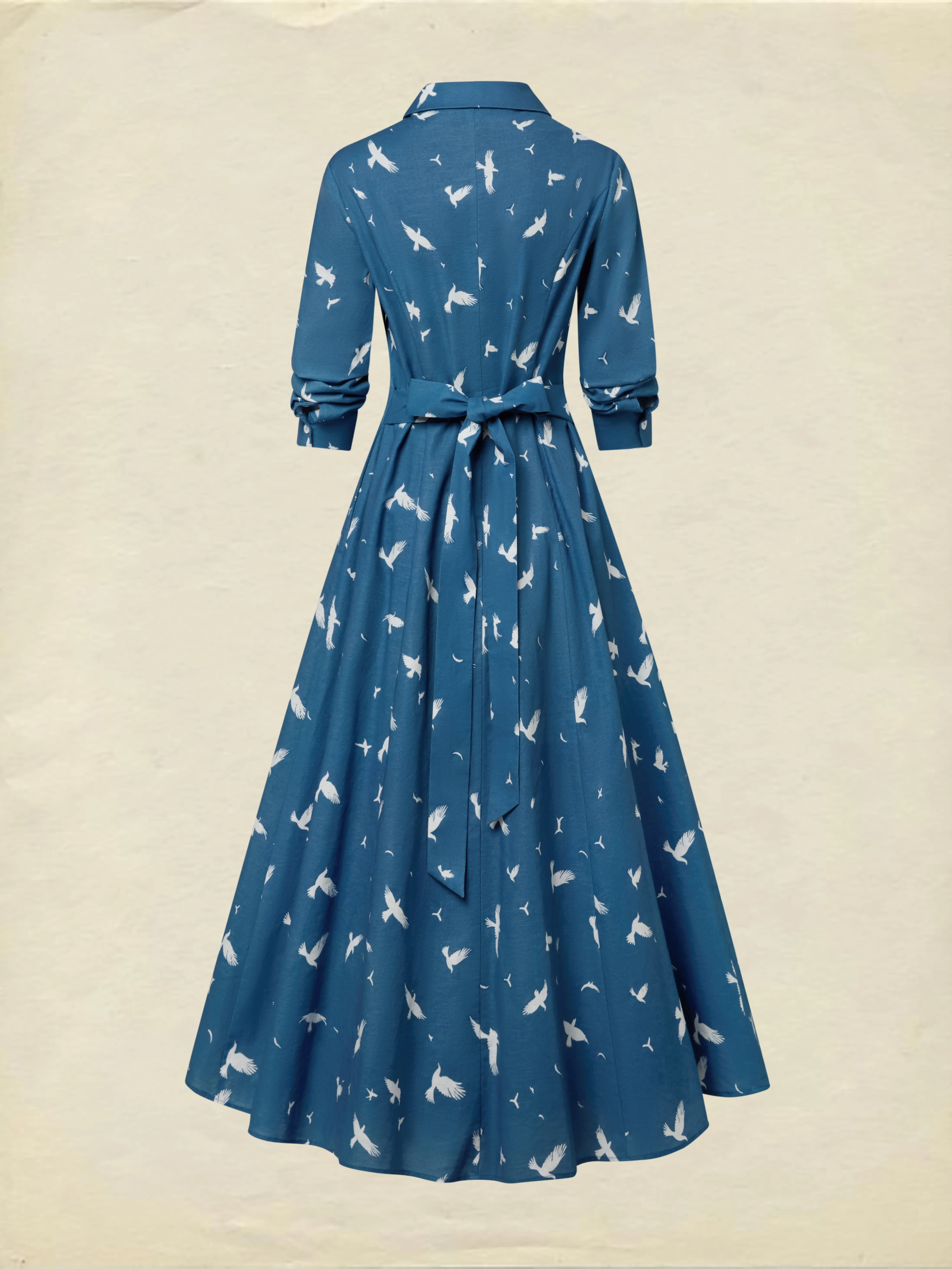 Maxi Linen Dress, Long Sleeves, Shawl Collar, Bird, Button Design, Vintage, Blue - Blue