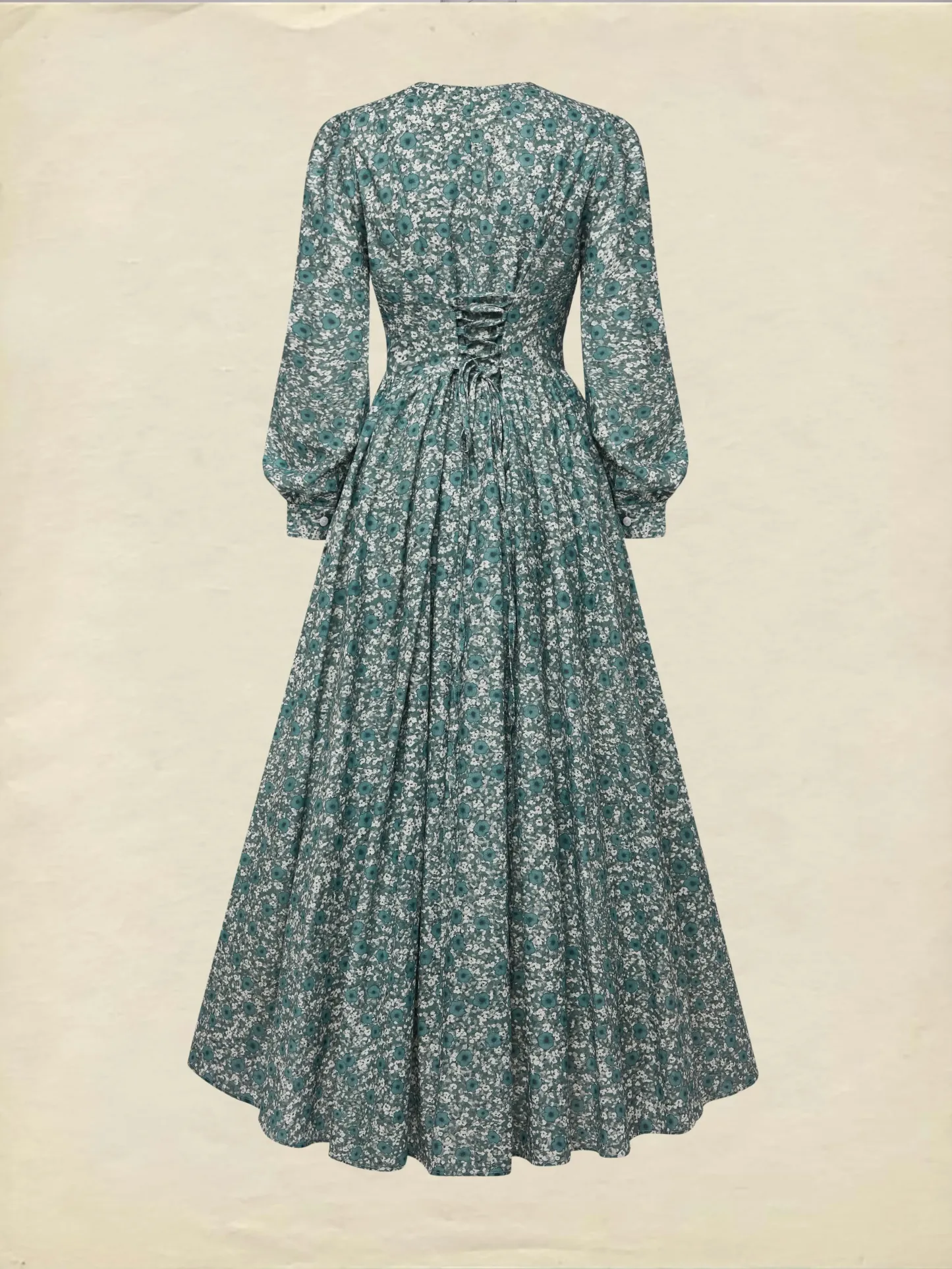Maxi Linen Dress, Long Sleeves, V Neck, Floral, Button Design, Vintage, Green - Green