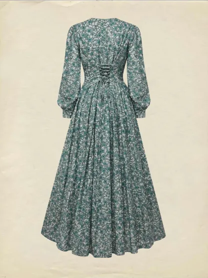 Maxi Linen Dress, Long Sleeves, V Neck, Floral, Button Design, Vintage, Green - Green