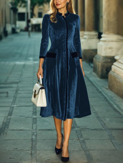 Midi Cotton Dress, Half Sleeve, Stand Collar, Plain, Button Design, Vintage, Deep Blue - Deep Blue