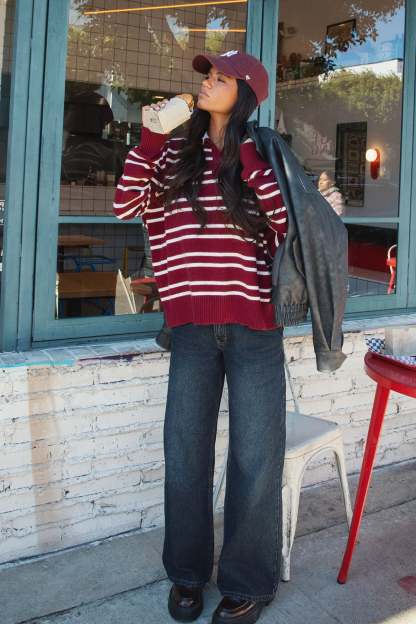 Rilynn Striped Polo Sweater - BURGUNDY-AND-WHITE