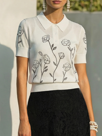 Sweater, Short Sleeves, Shawl Collar, Floral, Button Design, Inner Vest Not Included, White - White