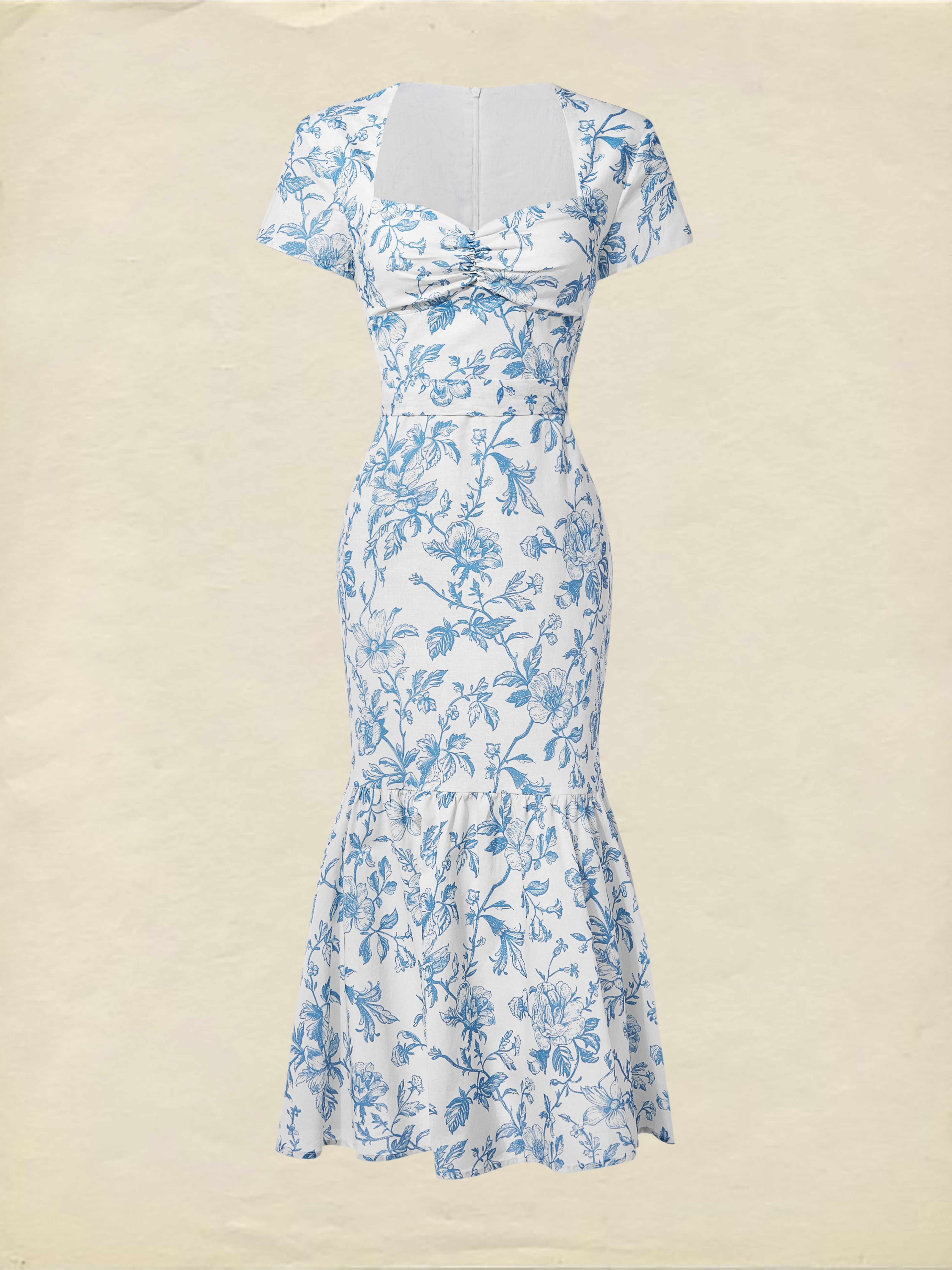 Midi Linen Dress, Short Sleeves, Sweetheart Neck, Floral, Ruffles, Vintage, Blue - Blue