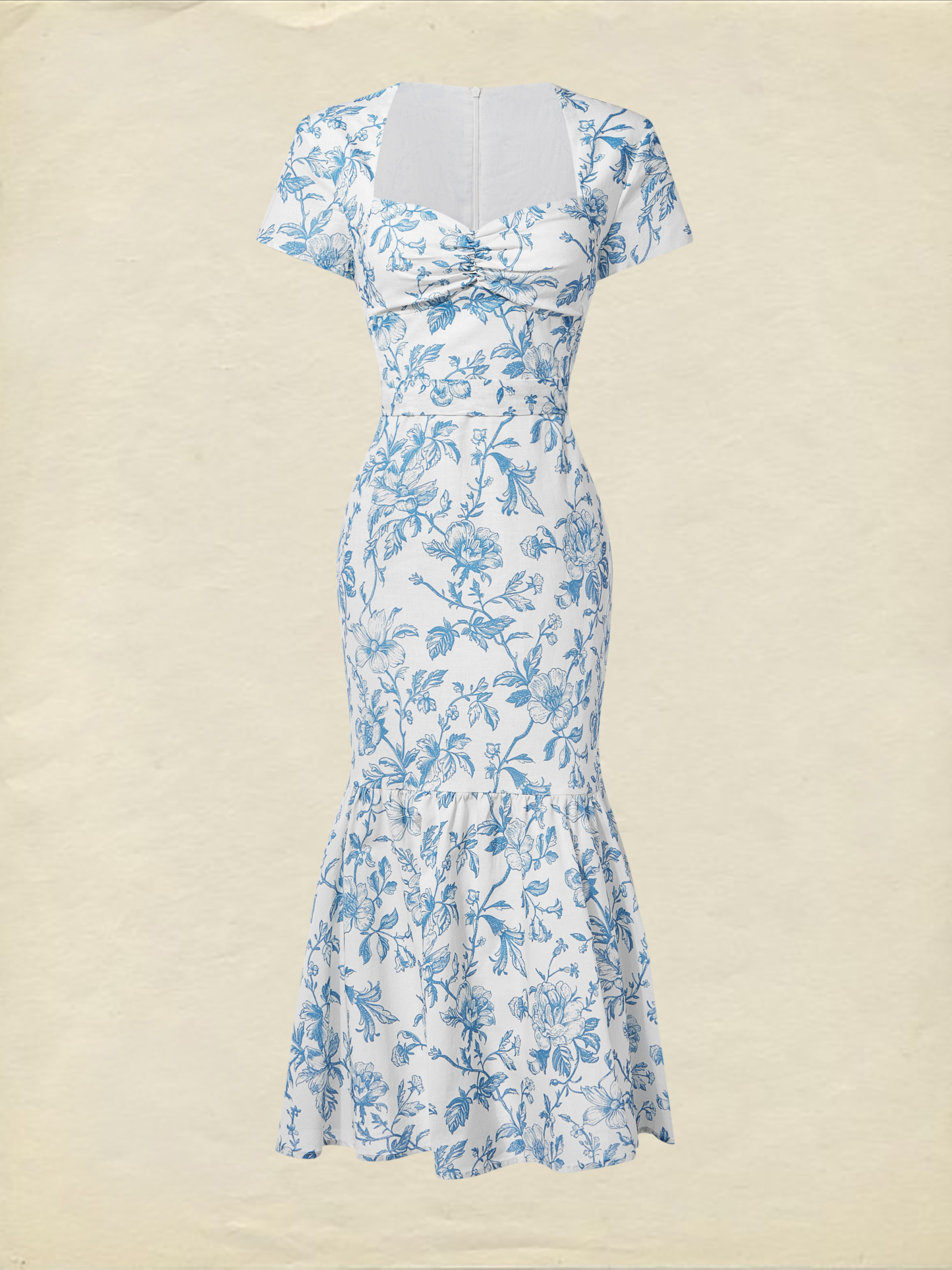Midi Linen Dress, Short Sleeves, Sweetheart Neck, Floral, Ruffles, Vintage, Blue - Blue