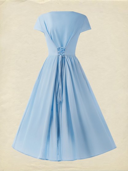 Midi Linen Dress, Short Sleeves, V Neck, Plain, Lace, French Vintage, Blue - Blue