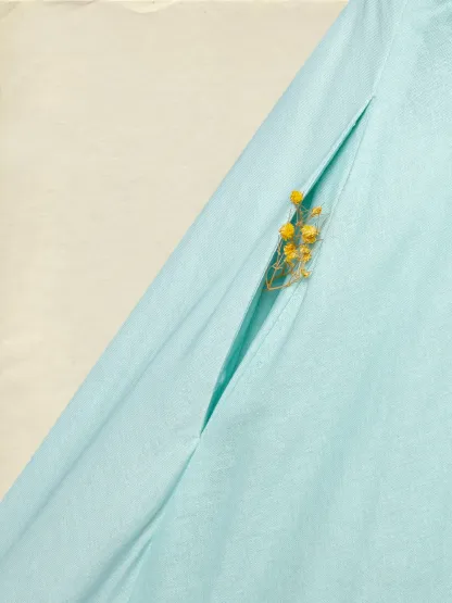 Maxi Linen Dress , Sleeveless, Round Neck, Feather Pattern, Pocket Design, Vintage, Sky Blue - Sky Blue