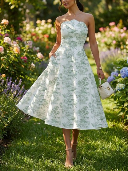 Midi Linen Dress, Sleeveless, Floral, Pocket Design, Vacation, Vintage, Green - Green