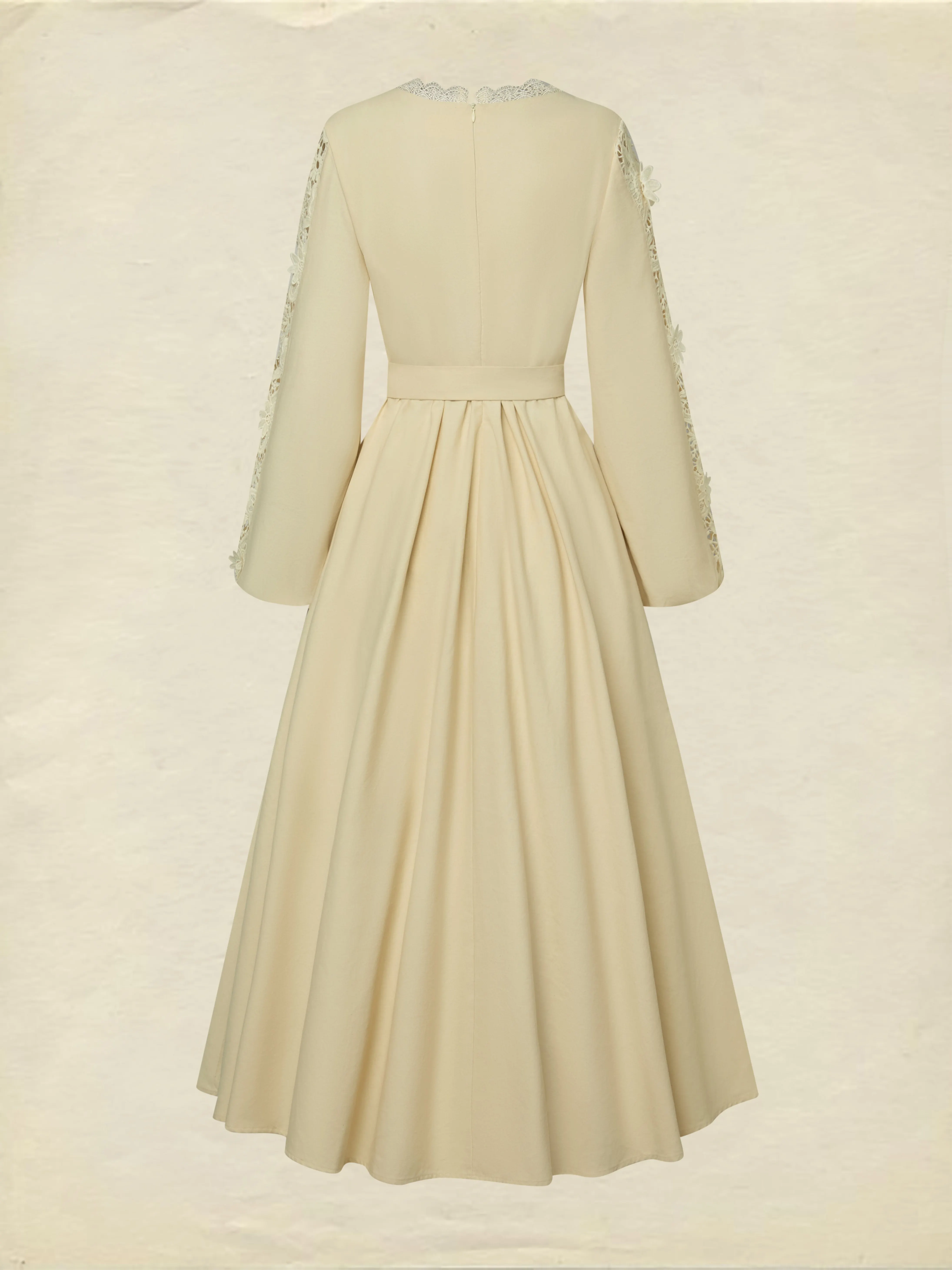 Midi Linen Dress, Long Sleeves, Plain, Lace, French Vintage, Apricot - Apricot