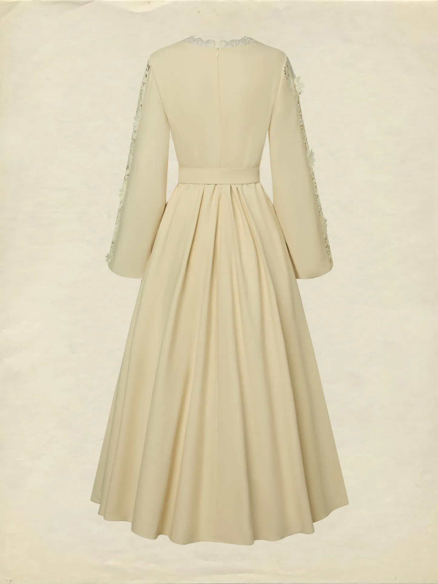 Midi Linen Dress, Long Sleeves, Plain, Lace, French Vintage, Apricot - Apricot