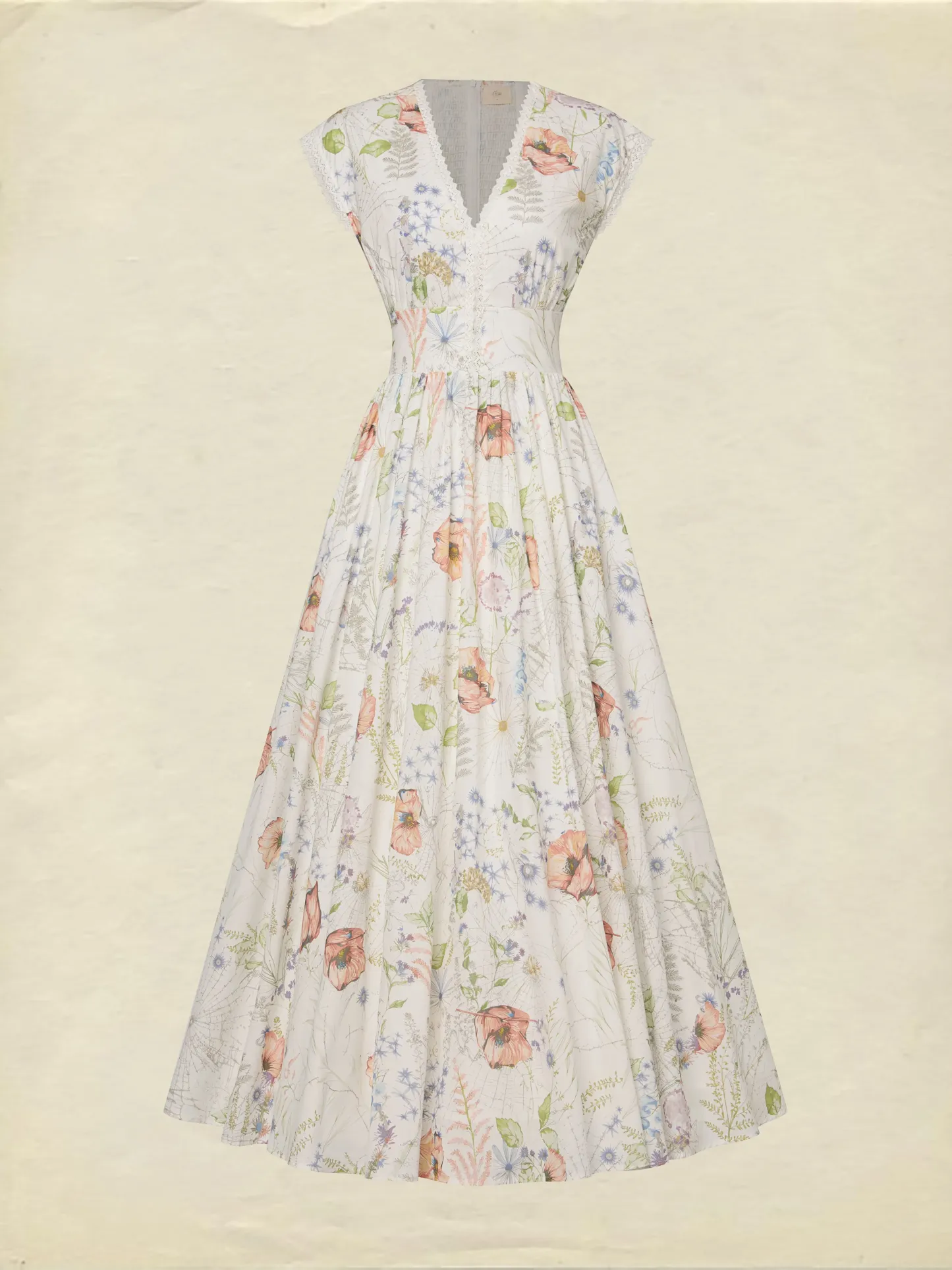 Maxi Cotton Dress, Cap Sleeves, V Neck, Floral, Lace, Vintage, Red - Red