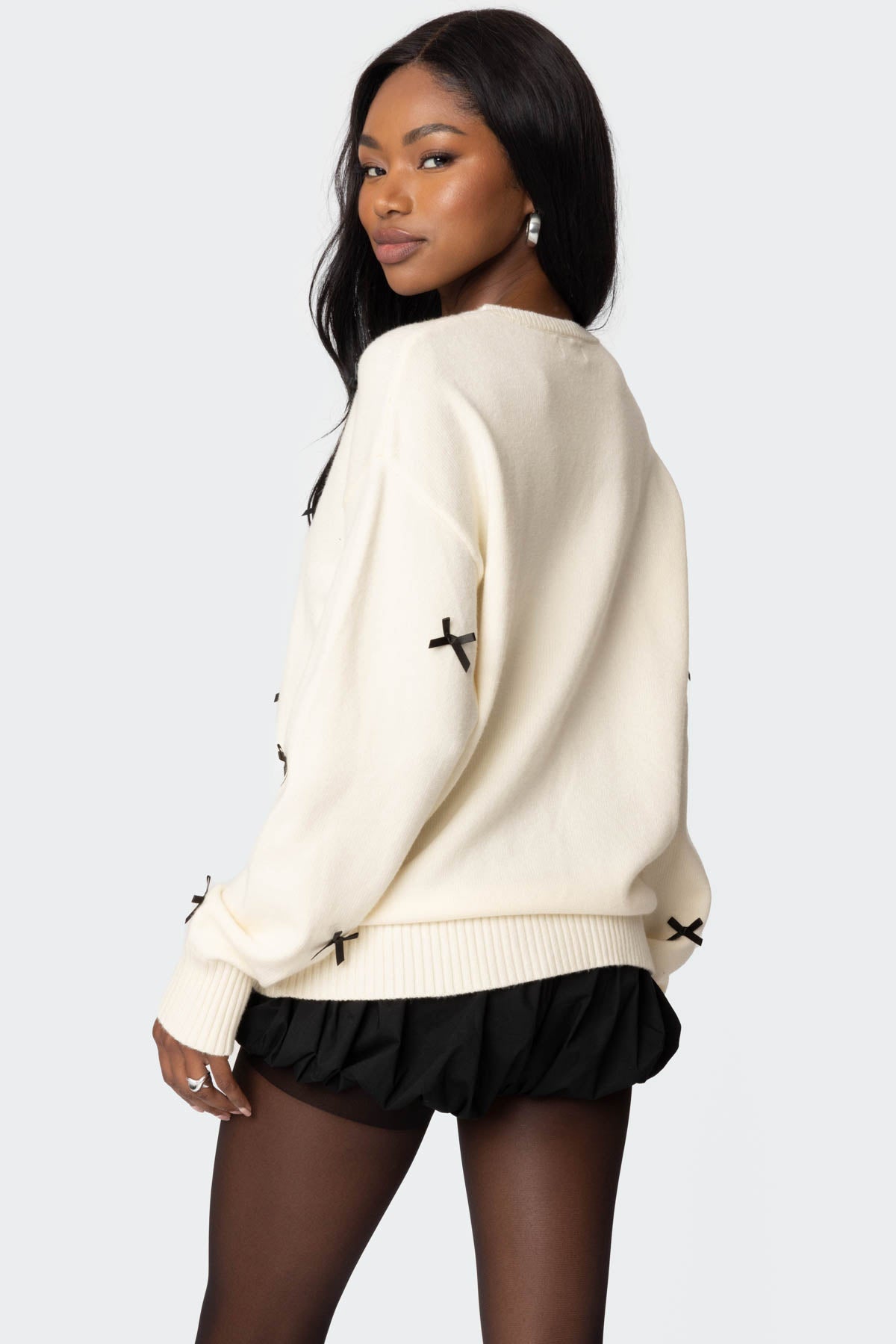 Satin Effect Bow Oversized Sweater - CREAM