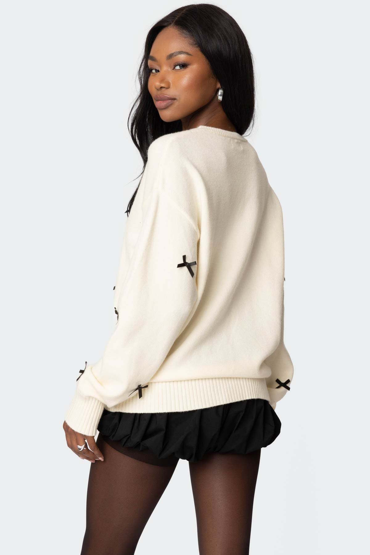 Satin Effect Bow Oversized Sweater - CREAM