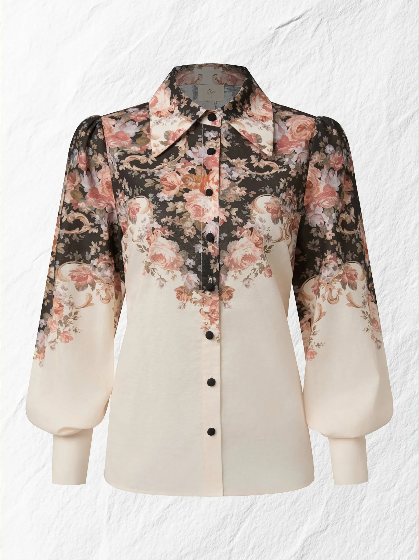 Cotton Shirt, Long Sleeves, Shawl Collar, Floral, Button Design, Vacation, Vintage, Apricot - Apricot