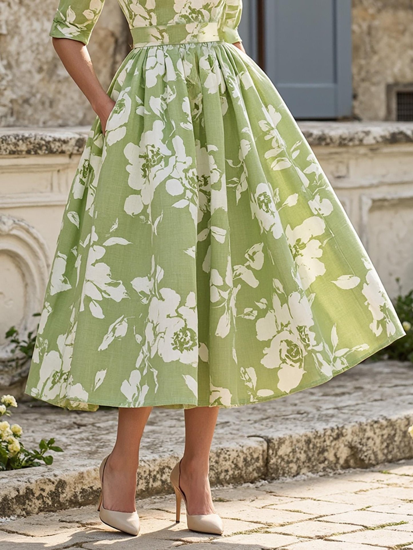 Midi Linen Dress , Half Sleeve, V Neck, Floral, Pocket Design, Vintage, Green - Green