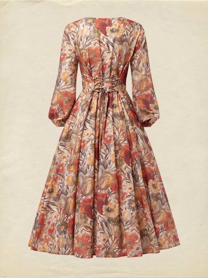 Midi Linen Dress, Long Sleeves, V Neck, Floral, Pocket Design, Vacation, Vintage, Yellow Brown - Yellow Brown