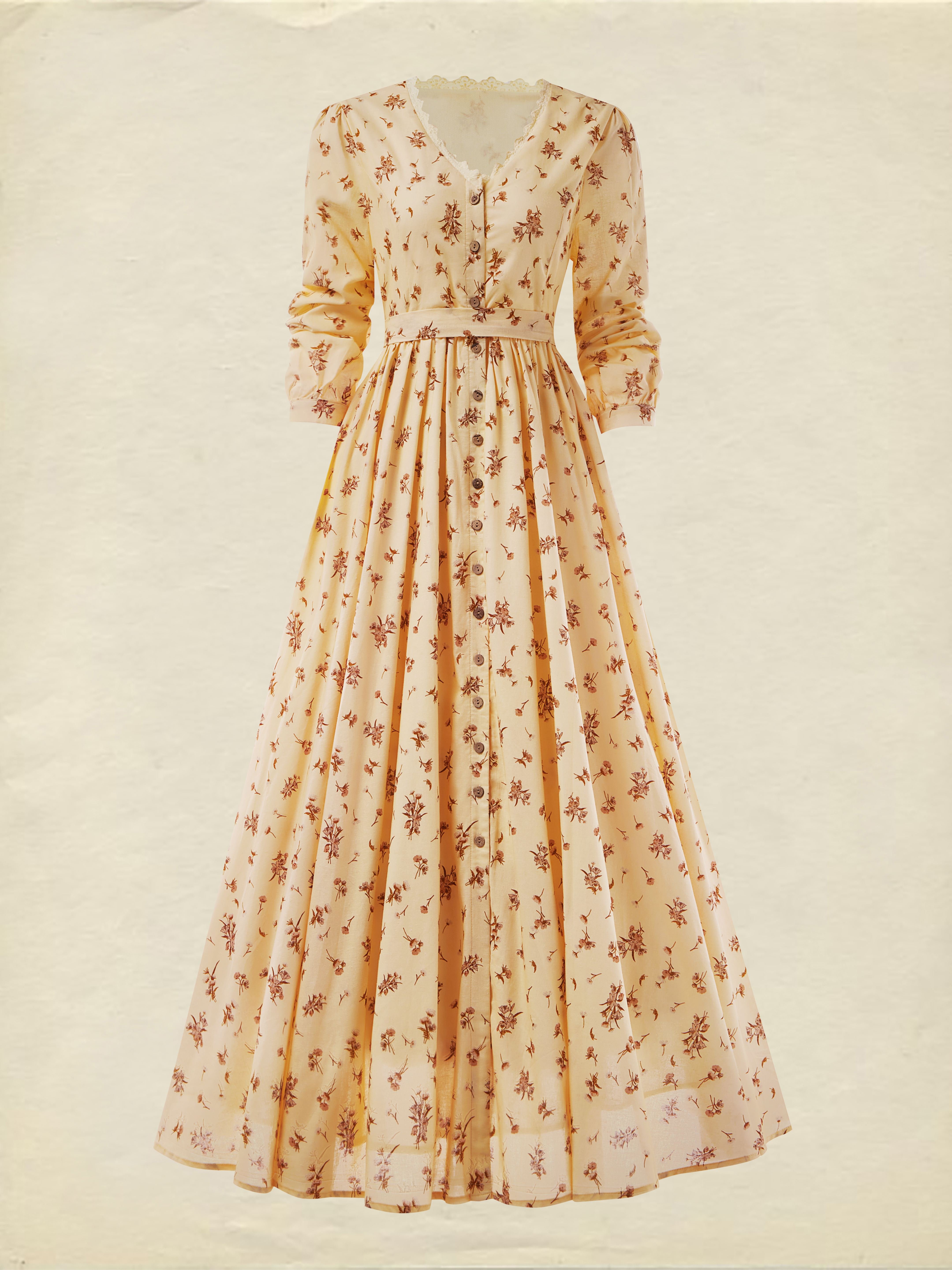 Maxi Linen Dress, Long Sleeves, V Neck, Cottagecore, Linen Blend, Apricot - Apricot
