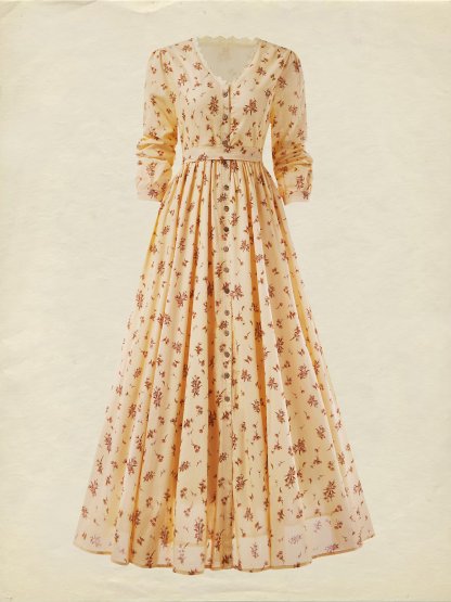Maxi Linen Dress, Long Sleeves, V Neck, Cottagecore, Linen Blend, Apricot - Apricot