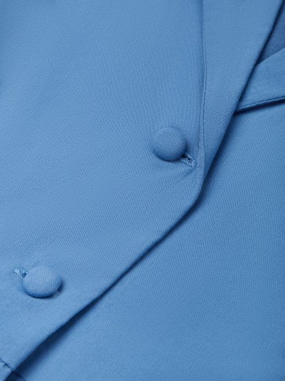 (SIZE:XS-XXL) Cotton Maxi Dress, Cap Sleeve, Lapel Collar, Plain, Vintage, Blue - Blue