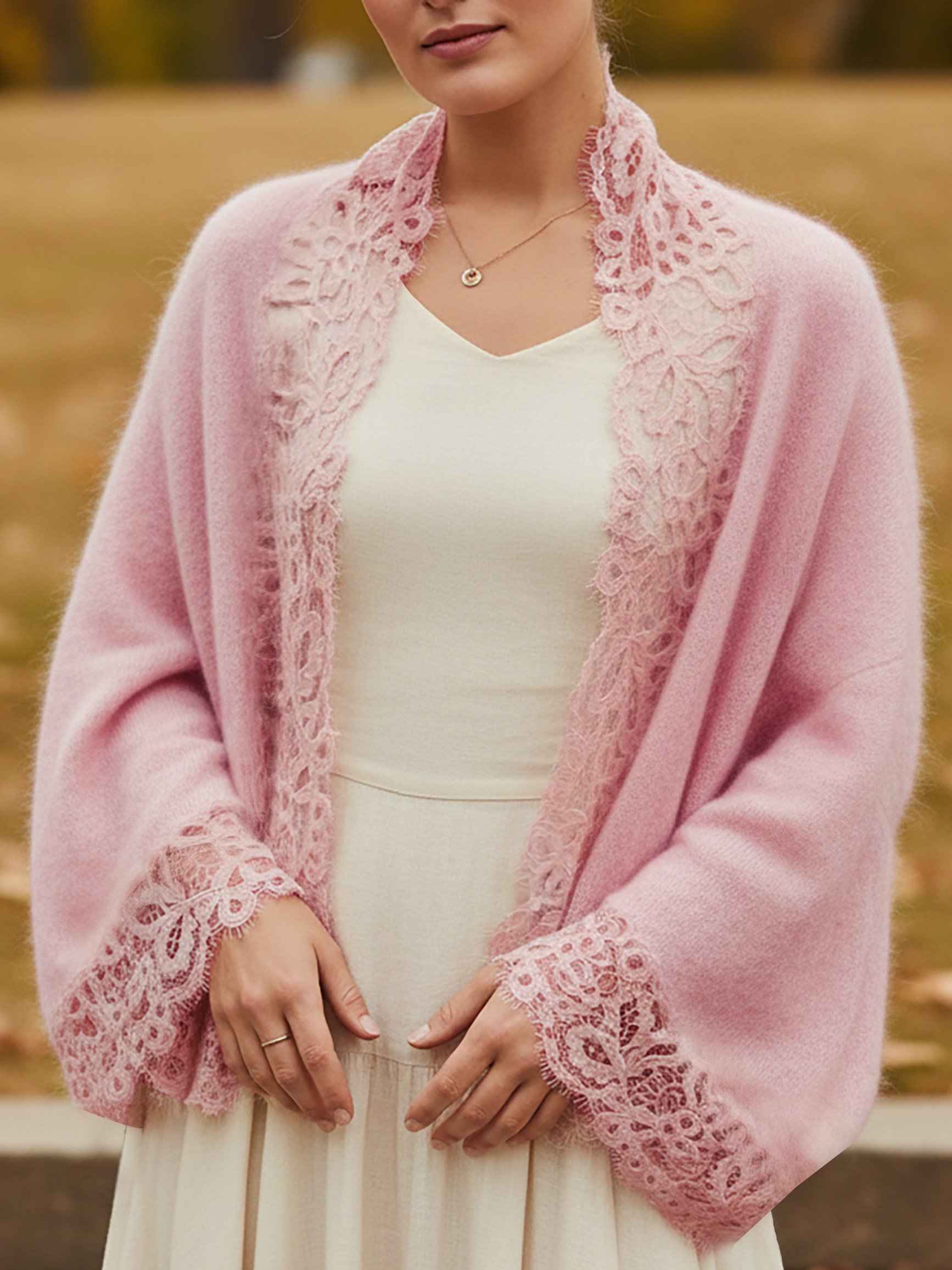 Cardigan (10% Cashmere & 90% Wool), Long Sleeves, V Neck, Plain, Lace, Vintage, Light Pink - Light Pink